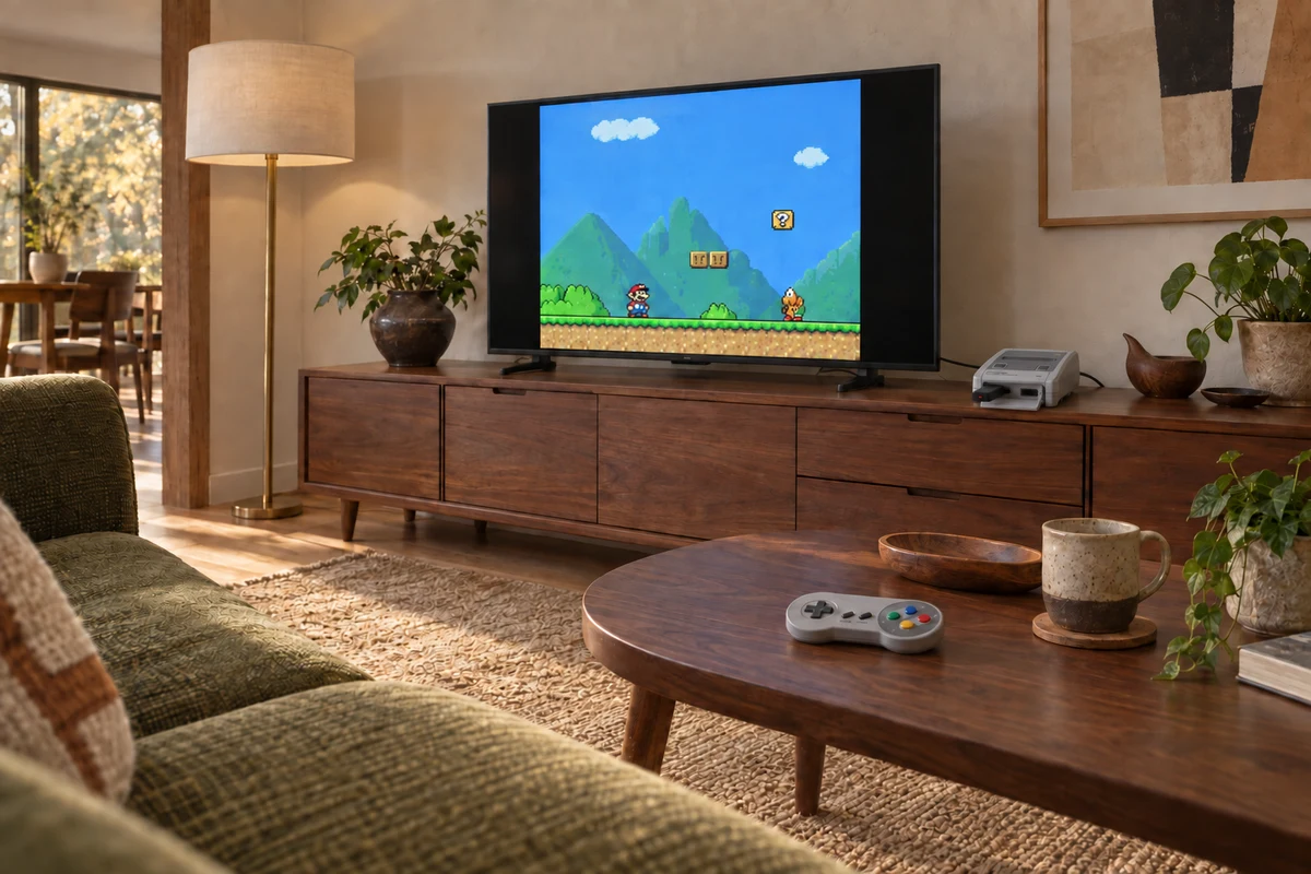 AI-generated view of the same room in play: Super Famicom Mini remains beside the TV, with Nintendo’s wireless Super Famicom controller on the coffee table.