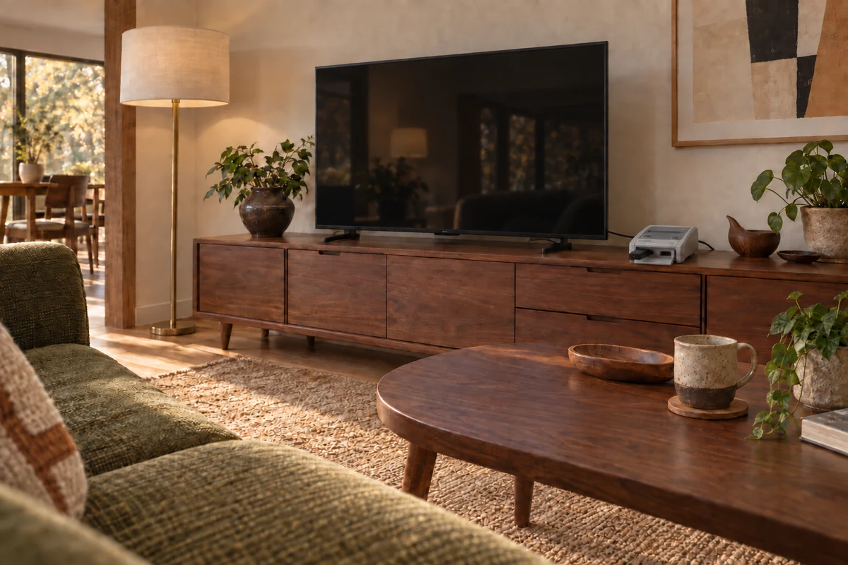 AI-generated mid-century living room with a Japanese Super Famicom Mini beside the switched-off TV and its wireless controller stored away.
